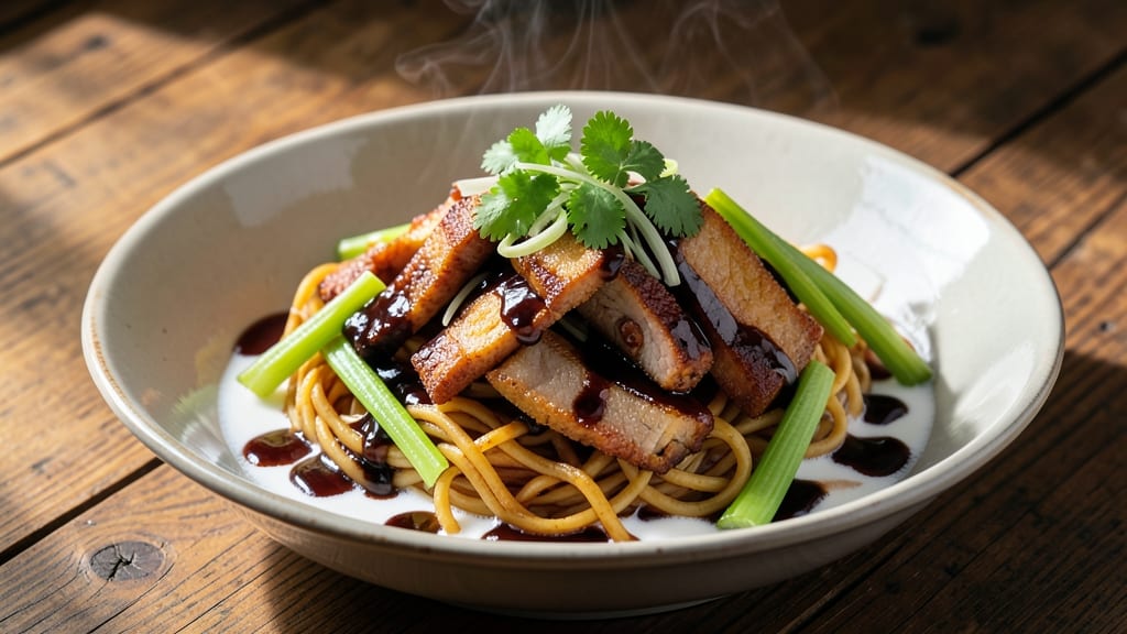 Singapore Egg Noodles Recipe: Crispy Celery Crowns Over Spiced Coconut Velvety Base