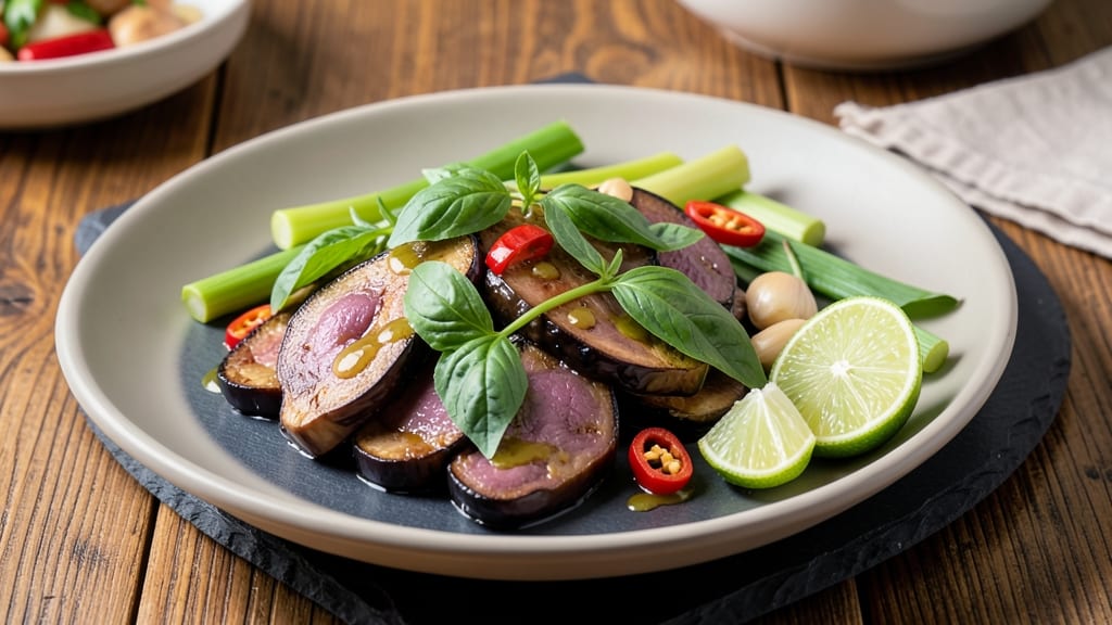 Vegan Thai Basil Eggplant Recipe: Crispy Fried Eggplant Over Fragrant Herb Sauce