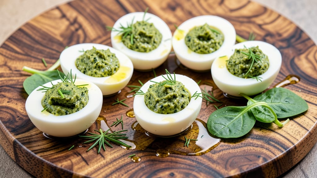 Spinach Deviled Eggs Recipe: Herb-Infused Yolk Cream With Crunchy Celery Topping