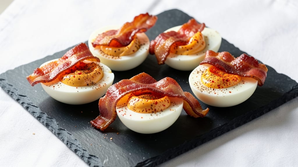 Spicy Deviled Eggs With Bacon Recipe: Crispy Bacon Bites on Smoky Yolk Heat