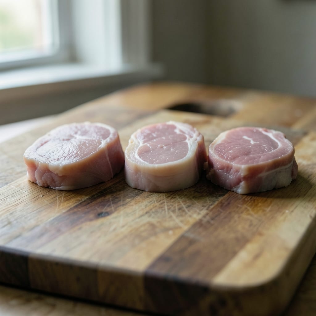 Three chops of different thickness, ready to be tested