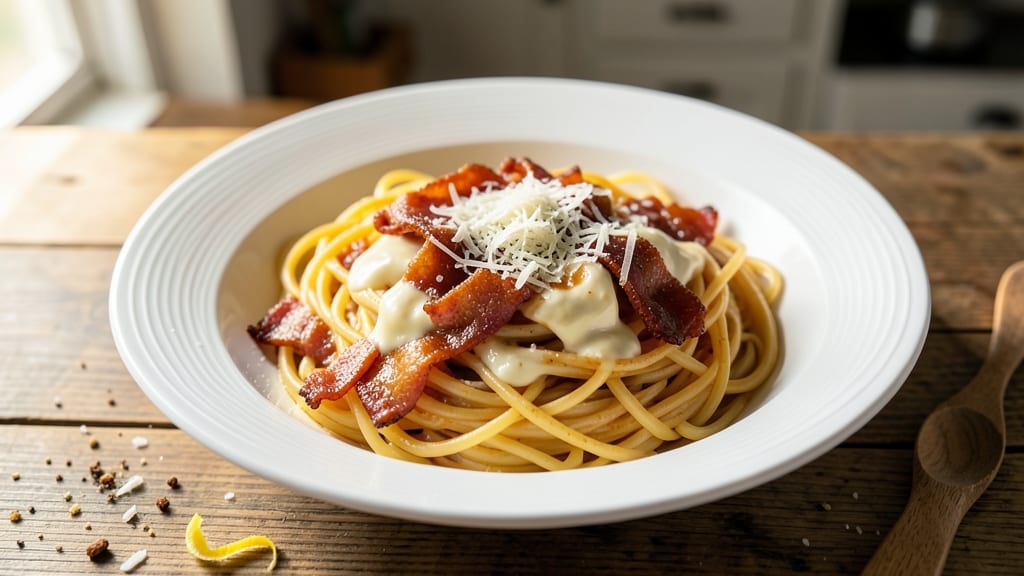 Spaghetti Carbonara Recipe With Cream And Eggs: Rich Yolk Cream Sauce in One Pan